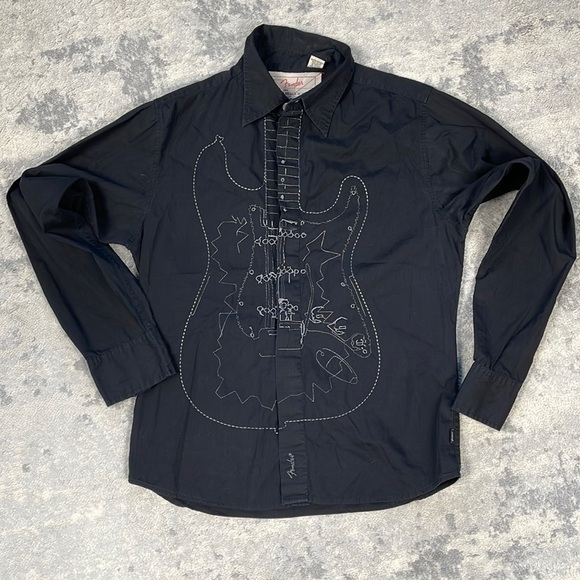 Fender Guitar Embroidered Long Sleeve Button Front Shirt Black Rocker Sz M - Picture 1 of 13